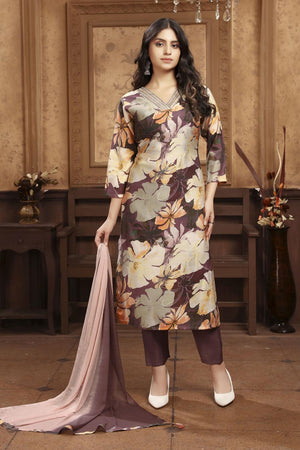 Brown Printed Chanderi Kurti Pant Set (ACA7113)