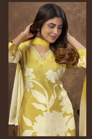 Mustard Printed Chanderi Kurti Pant Set (ACA7115)