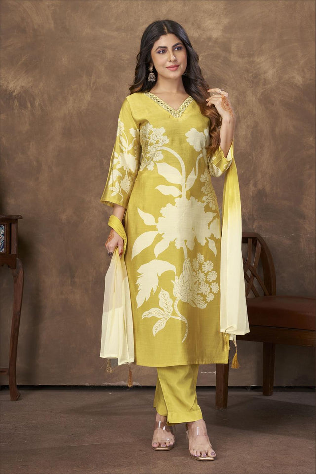 Mustard Printed Chanderi Kurti Pant Set (ACA7115)