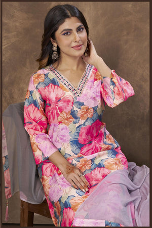 Pink Printed Chanderi Kurti Pant Set (ACA7116)