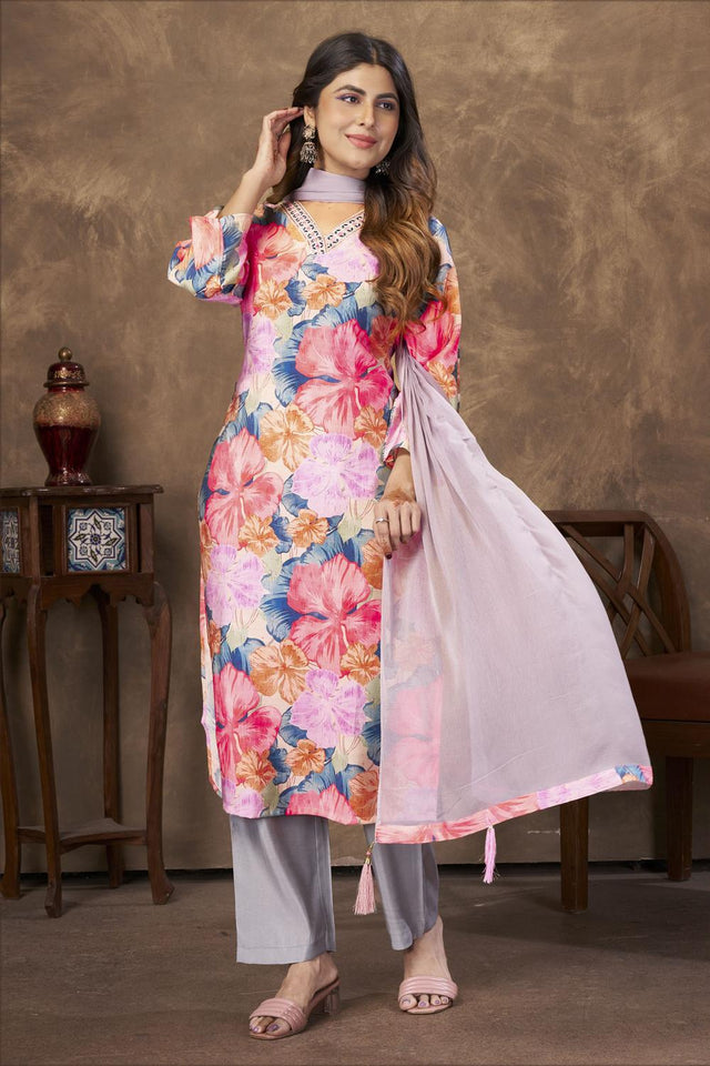 Pink Printed Chanderi Kurti Pant Set (ACA7116)