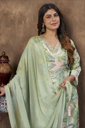 Green Printed Chanderi Kurti Pant Set (ACA7117)