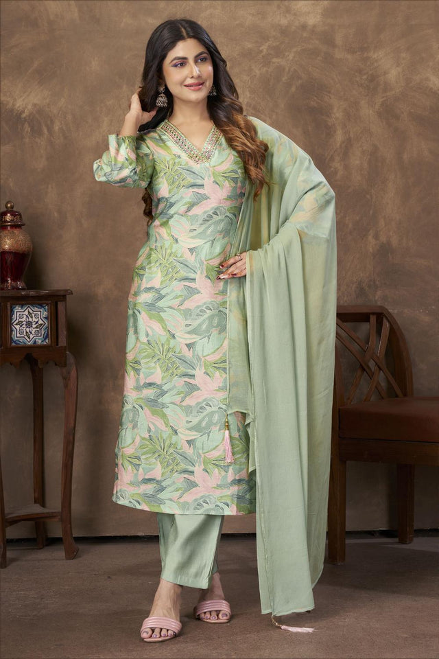 Green Printed Chanderi Kurti Pant Set (ACA7117)