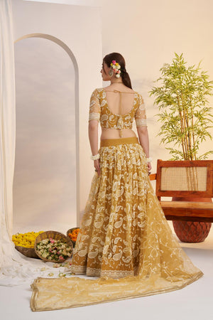 Mustard Floral Embroidered Net Lehenga (ACA7119)