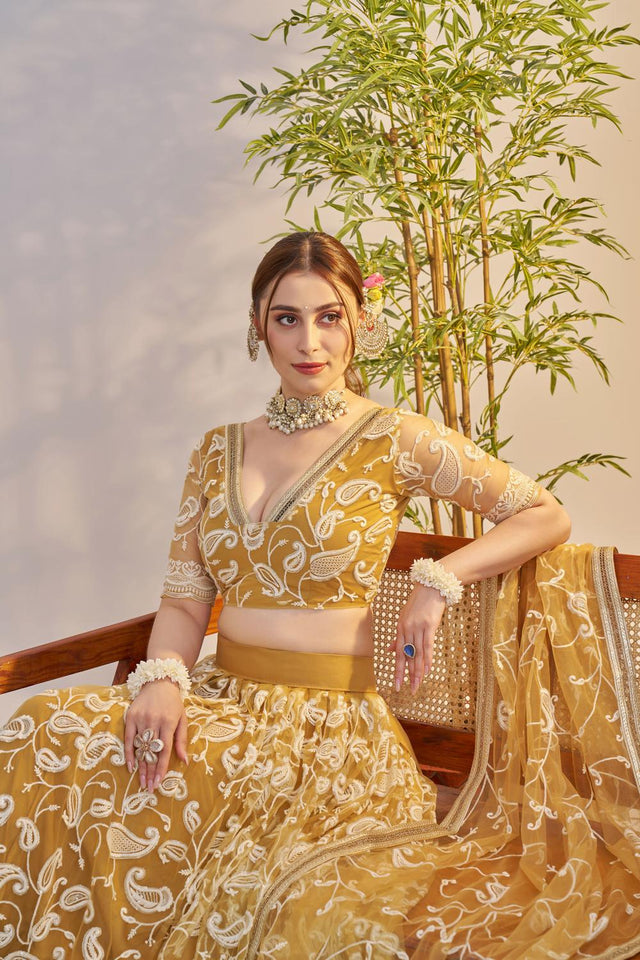 Mustard Floral Embroidered Net Lehenga (ACA7119)