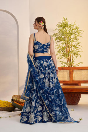 Turquoise Floral Embroidered Net Lehenga (ACA7122)