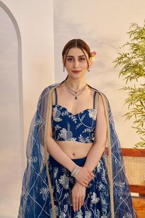 Turquoise Floral Embroidered Net Lehenga (ACA7122)
