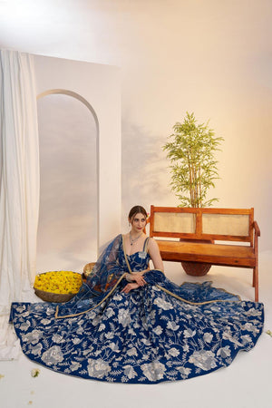 Turquoise Floral Embroidered Net Lehenga (ACA7122)