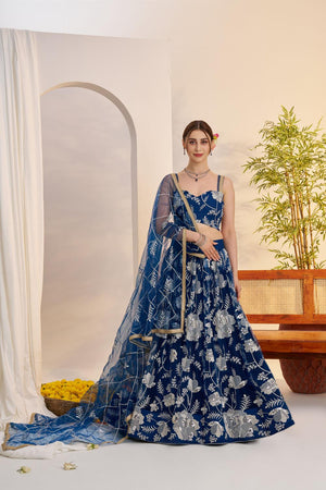 Turquoise Floral Embroidered Net Lehenga (ACA7122)