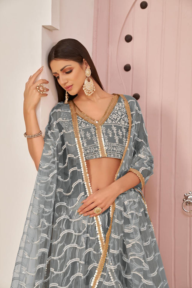 Grey Sequin with Embroidered Net Lehenga (ACA7124)