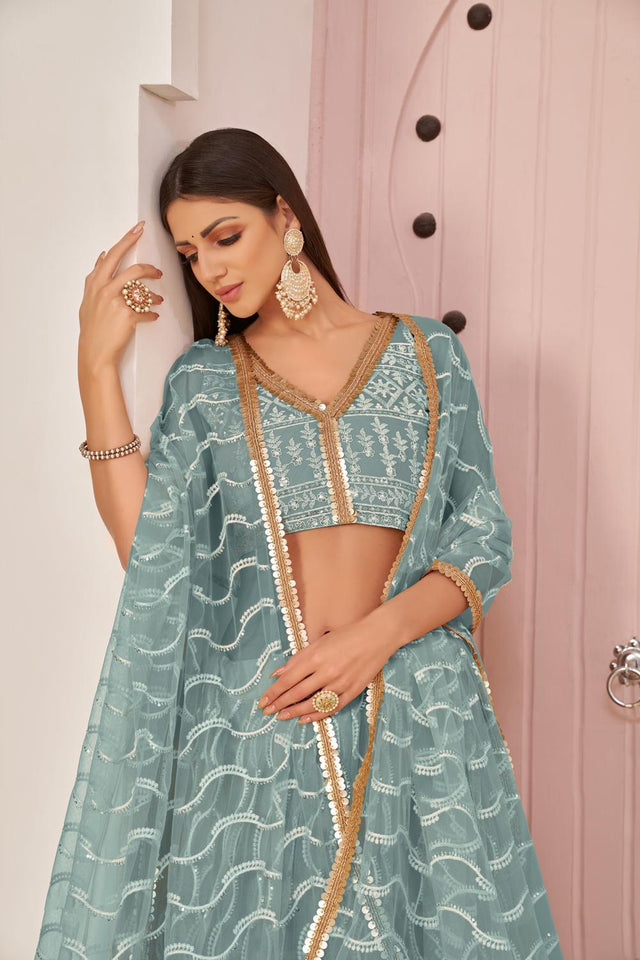 Blue Sequin with Embroidered Net Lehenga (ACA7125)