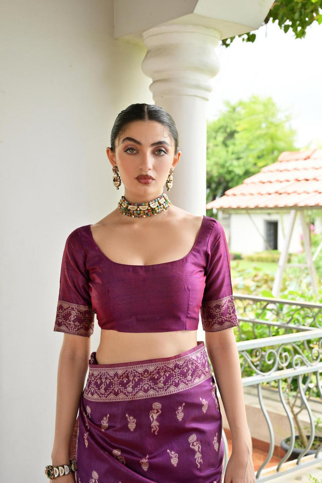 Wine Woven Warli Design Silk Saree (ACA7127)