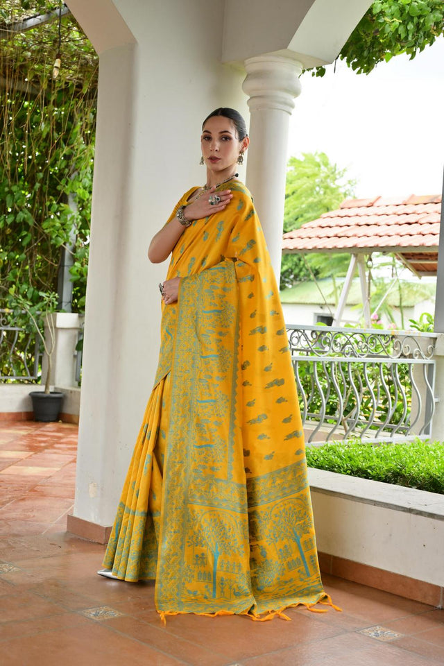 Yellow Woven Warli Design Silk Saree (ACA7128)