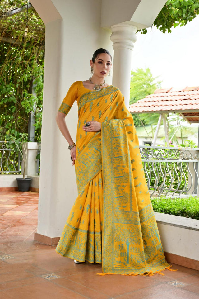 Yellow Woven Warli Design Silk Saree (ACA7128)