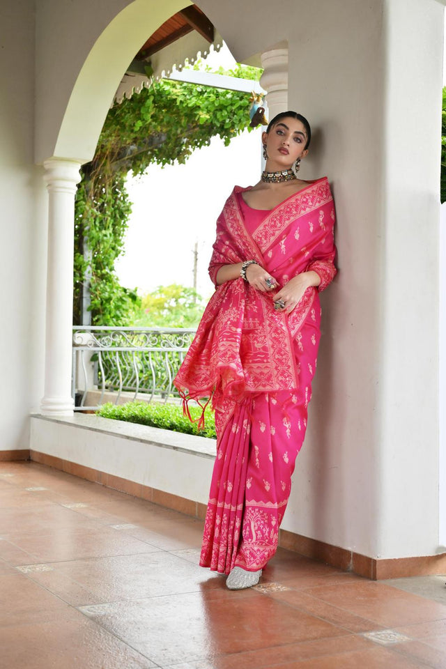 Pink Woven Warli Design Silk Saree (ACA7131)