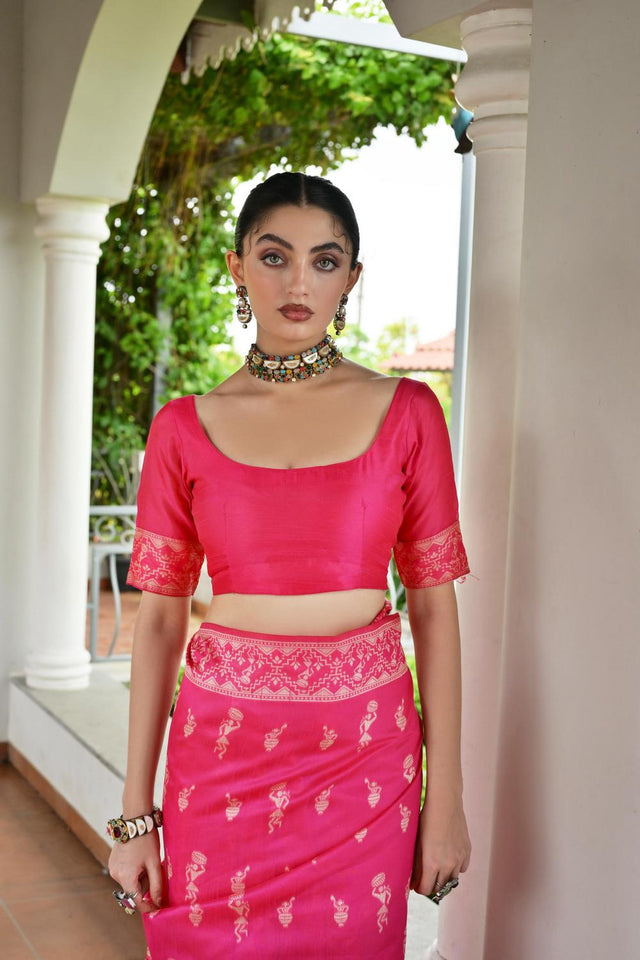 Pink Woven Warli Design Silk Saree (ACA7131)