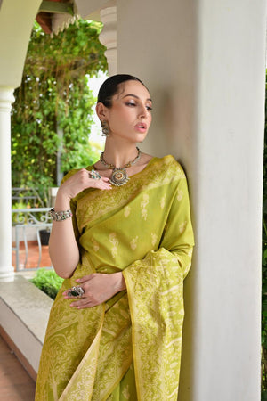 Olive Green Woven Warli Design Silk Saree (ACA7132)