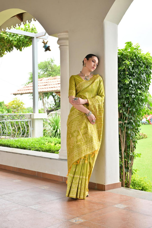 Olive Green Woven Warli Design Silk Saree (ACA7132)