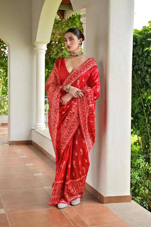 Red Woven Warli Design Silk Saree (ACA7133)