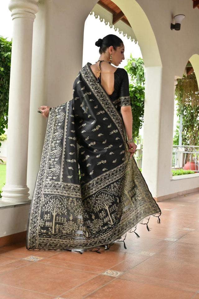 Black Woven Warli Design Silk Saree (ACA7134)