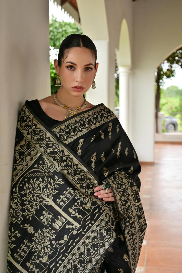 Black Woven Warli Design Silk Saree (ACA7134)