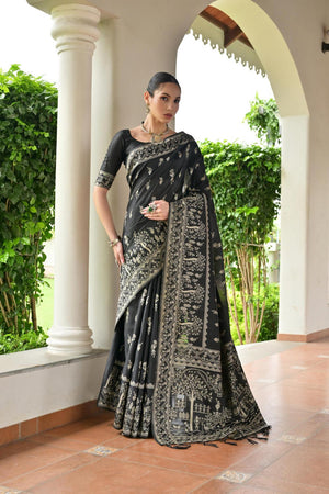 Black Woven Warli Design Silk Saree (ACA7134)