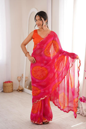 Pink Bandhani Printed Georgette Saree (ACA7136)