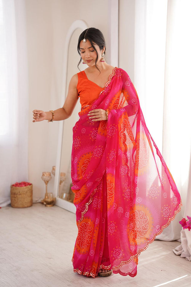 Pink Bandhani Printed Georgette Saree (ACA7136)