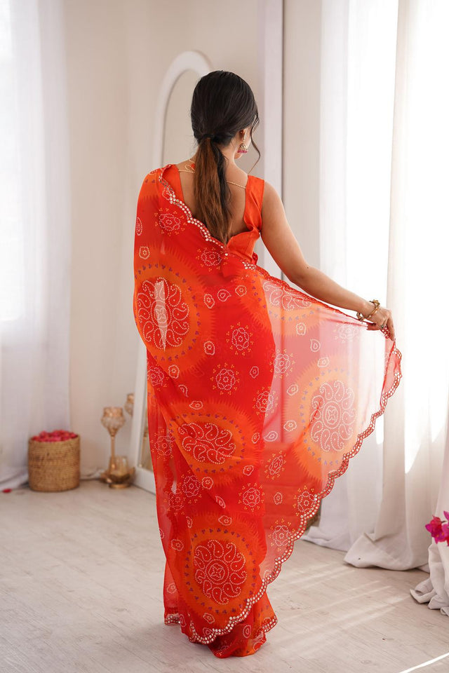Red Bandhani Printed Georgette Saree (ACA7137)