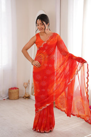 Red Bandhani Printed Georgette Saree (ACA7137)