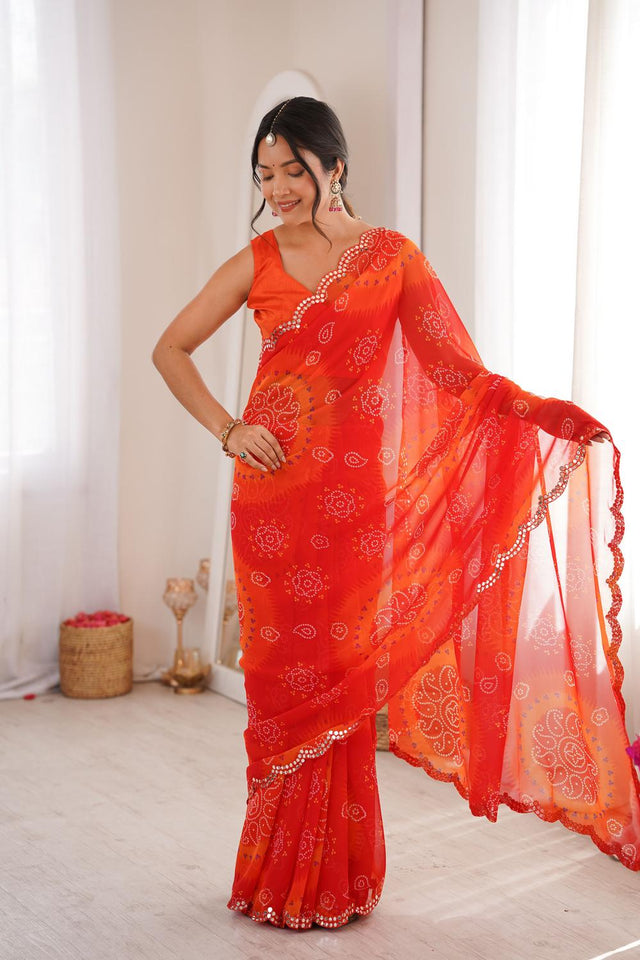 Red Bandhani Printed Georgette Saree (ACA7137)