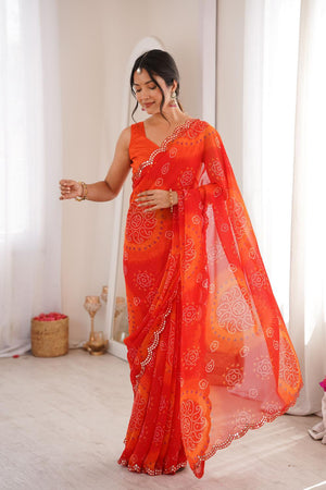 Red Bandhani Printed Georgette Saree (ACA7137)