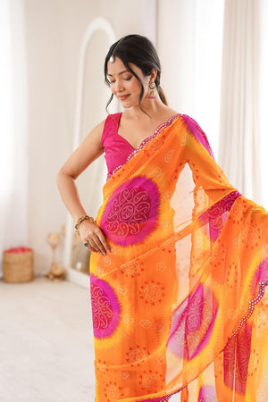 Yellow Bandhani Printed Georgette Saree (ACA7138)