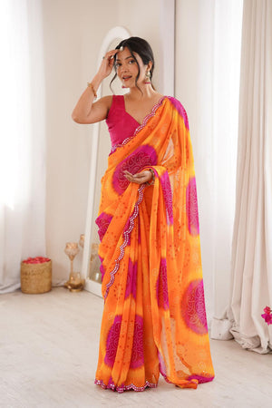 Yellow Bandhani Printed Georgette Saree (ACA7138)