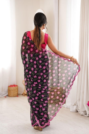 Black Floral Printed Georgette Saree (ACA7139)