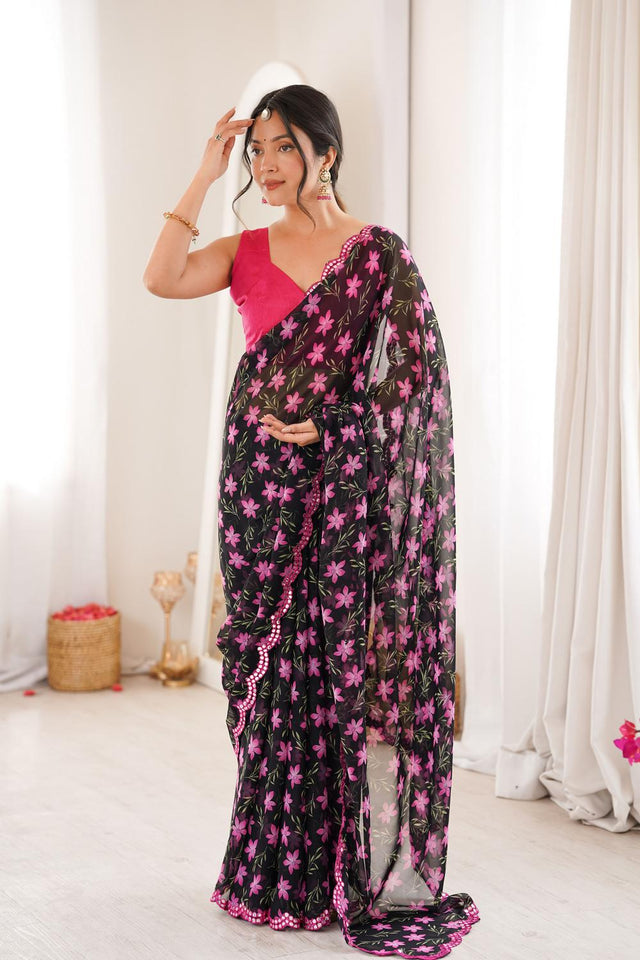 Black Floral Printed Georgette Saree (ACA7139)