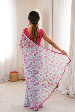 Blue Floral Printed Georgette Saree (ACA7140)