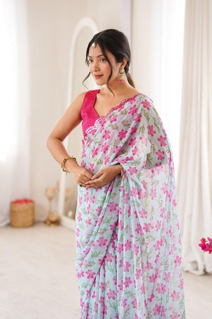 Blue Floral Printed Georgette Saree (ACA7140)