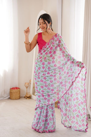 Blue Floral Printed Georgette Saree (ACA7140)