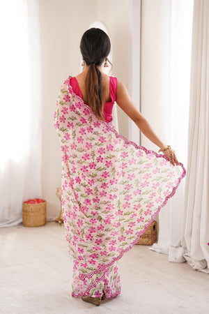 White Floral Printed Georgette Saree (ACA7141)