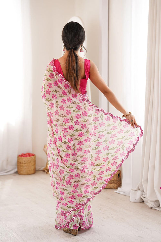 White Floral Printed Georgette Saree (ACA7141)