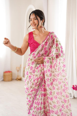 White Floral Printed Georgette Saree (ACA7141)