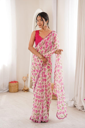 White Floral Printed Georgette Saree (ACA7141)