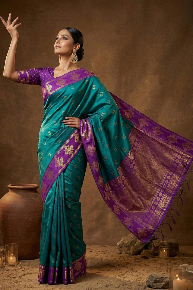 Turquoise Woven Soft Silk Saree (ACA7143)