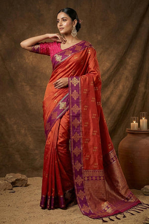 Orange Woven Soft Silk Saree (ACA7144)