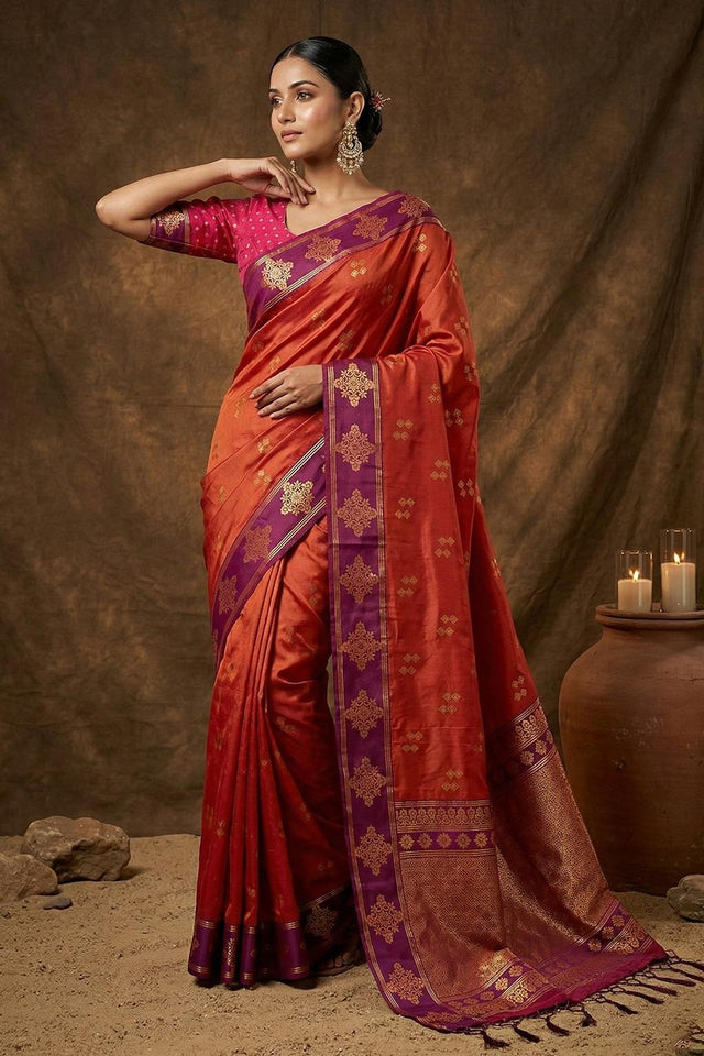 Orange Woven Soft Silk Saree (ACA7144)