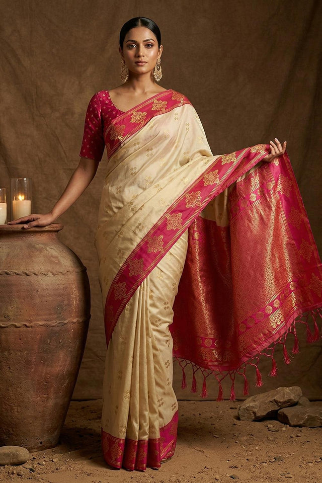 Cream Woven Soft Silk Saree (ACA7147)