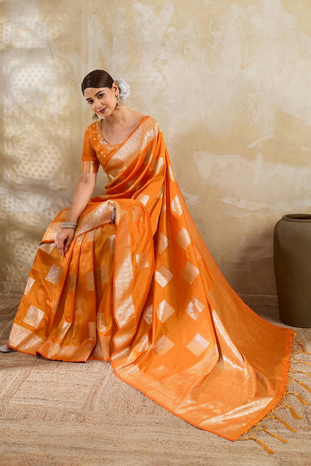 Orange Woven Silk Blend Saree (ACA7149)