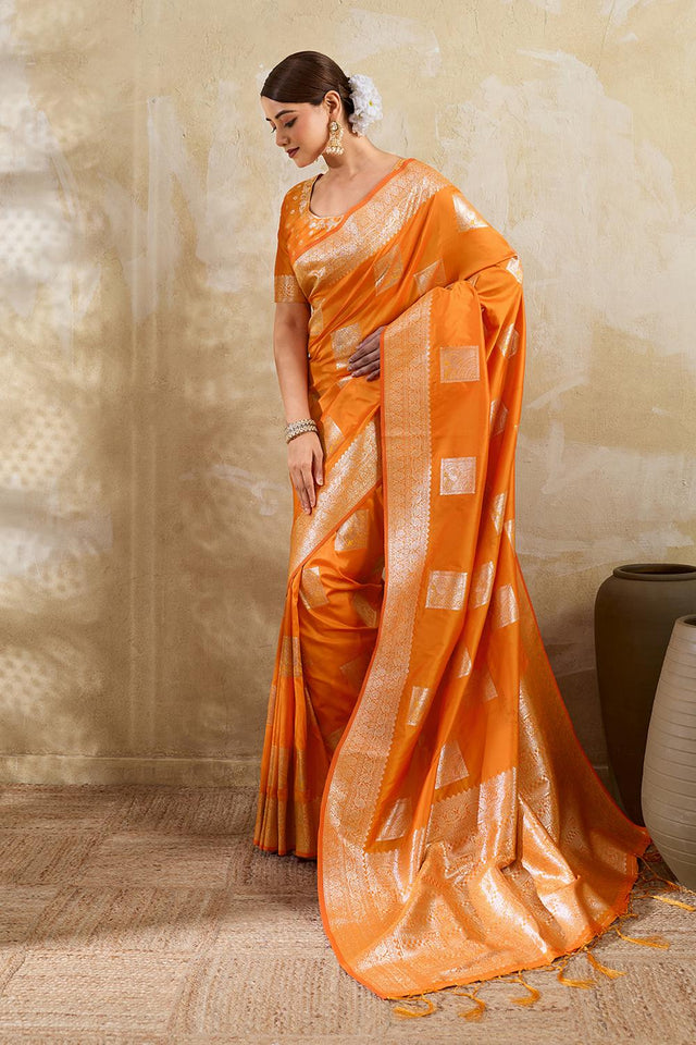 Orange Woven Silk Blend Saree (ACA7149)