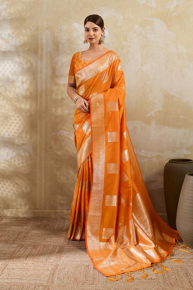Orange Woven Silk Blend Saree (ACA7149)